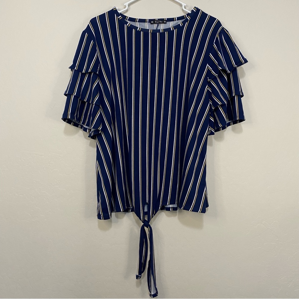 TRY THIS Short Ruffled Sleeve Striped Blouse Tie Front Plus Size 2X